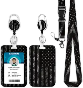 Black Camo  Flag Lanyards for ID Badges, ID Badge Holder with Lanyard Retractable Badge Holder/Reel Lanyard, Teacher Student Office Gifts