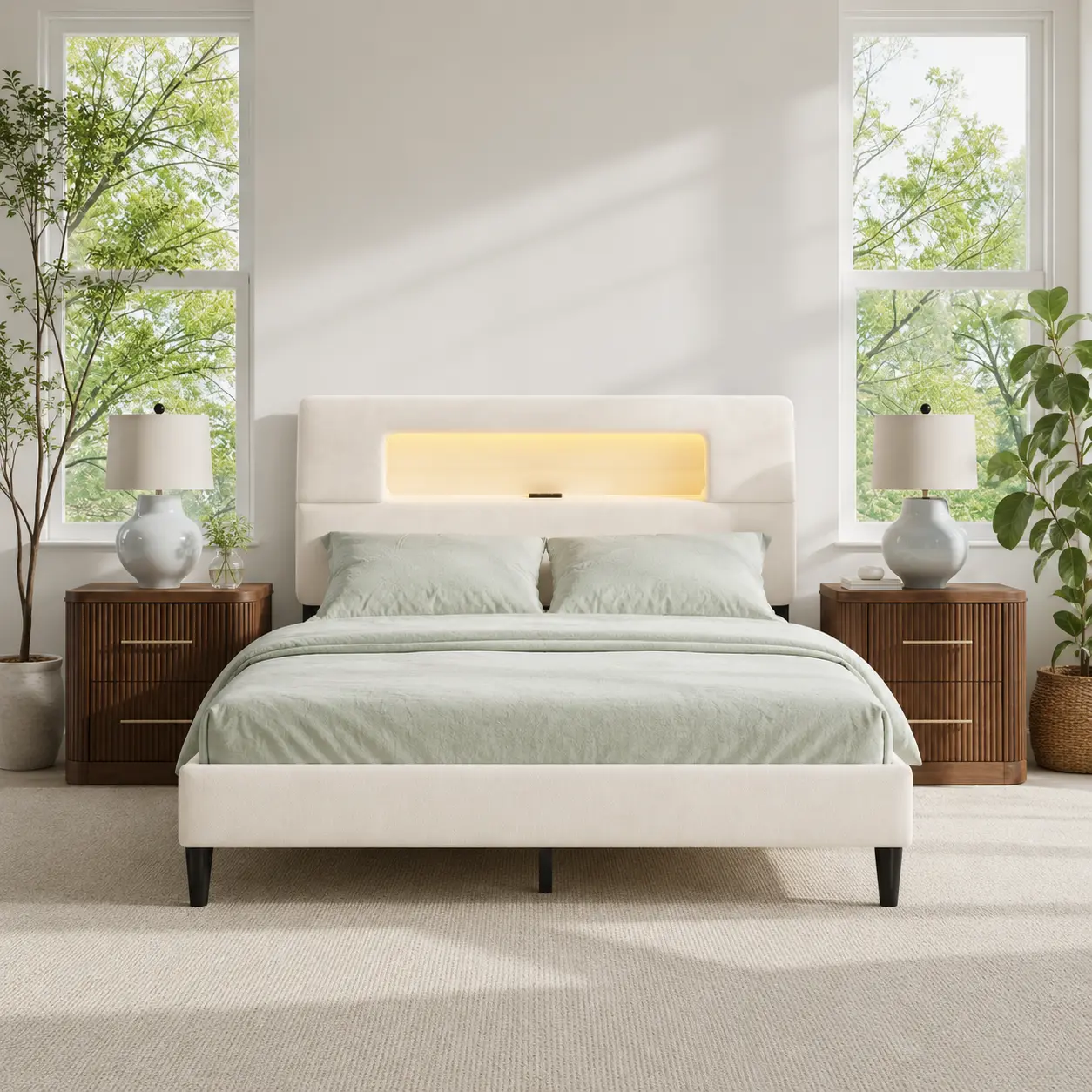 【Summerwins】Raybee Heavy Duty & Sturdy Construction King Queen Size Bed Frame, 105° Ergonomic Storage Headboard, Upholstered Bed Frame with LED Lights & Charging Station, NO Noise, Easy Assembly, No Box Spring Needed, Contemporary Apartment Furniture