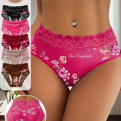QUASTI 5 Pack Mid Waisted Lace Printed Flower Women's Briefs, Skin-Friendly Breathable Delicate Fit, Fashionable Dailywear, S-5XL
