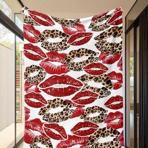 Valentine's Day Flannel Blanket with Leopard Print Lips, Ultra Soft Comfort, Home Room Art Decor, Perfect Gift for Couples