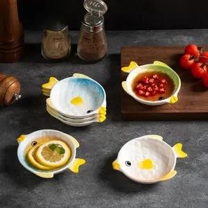 3Pcs Japanese Cartoon Fish Ceramic Plate Barbecue Dipping Sashimi Sushi Soy Sauce Dishes Home Desktop Snack Fruit Dessert Plates Porcelain Dinnerware