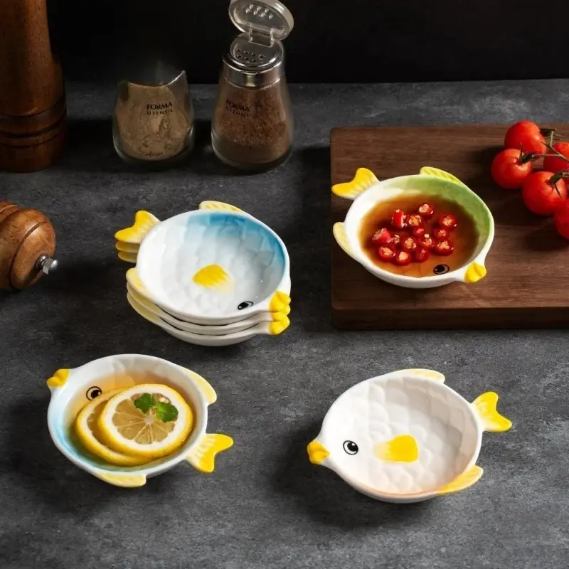 3Pcs Japanese Cartoon Fish Ceramic Decorative Plates Barbecue Dipping Sashimi Sushi Soy Sauce Dishes Home Desktop Snack Fruit Dessert Plates Porcelain Tableware Dinnerware Serving Plates