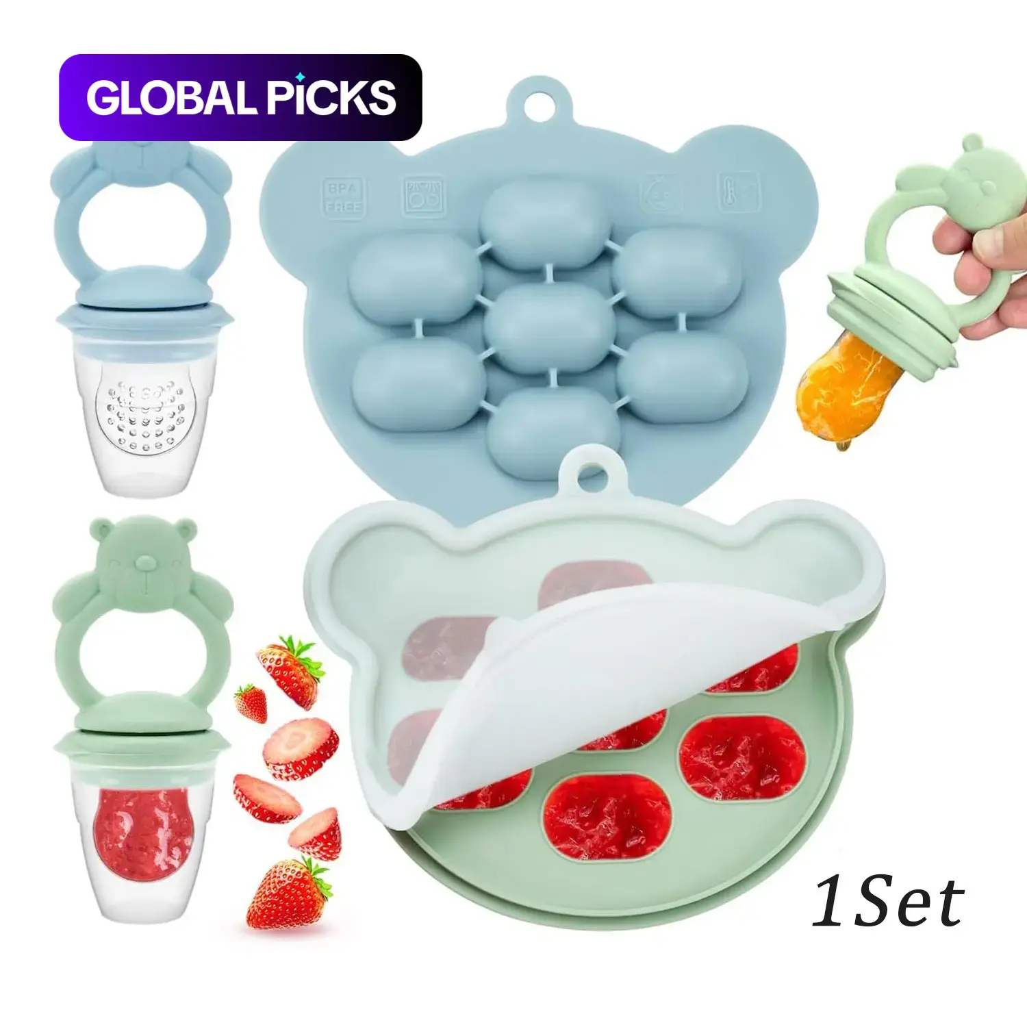 Cartoon Bear Design Pacifier with Ice Cube Tray, 2 Pcs/Set Silicone Feeding Utensils Included Baby Fruit and Vegetable Feeder and Ice Mold, Silicone Baby Fruit Bite Tool Drinking Feeding Supplies, Feeding Accessories #GLOBAL PICKS