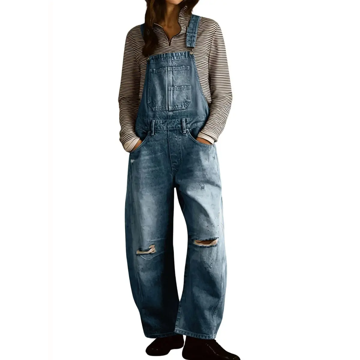 Chouyatou Women's Adjustable Strap Distressed Denim Overalls - 2026 Baggy Wide Barrel Leg Jean Bib Jumpsuits, Cute, Party, Wide Leg, Trench