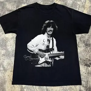 George Harrison Signature Guitar Short Sleeve Black All Size Gift Shirt Classic Cotton Fabric Medium Menswear Top Tshirt Streetwear IKUD5