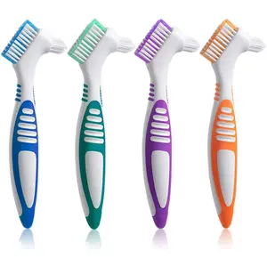 Denture Brush 4Pcs Denture Toothbrushes,Denture Cleaning Care Cleaning Brush ,Double Sided Toothbrush,Multi-Layered Bristles and Rubber Anti-Slip Handle (Purple, Green, Blue, Orange)
