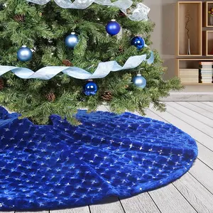 Plush 90cm 36inches Dark Blue Fur Christmas Tree Skirt Mat with Silver Cross Sequin Xmas Tree Base Cover for Christmas New Year Decorations