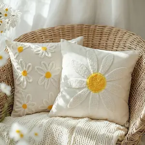 Spring Summer Daisy Embroidered Throw Pillow Covers, Farmhouse Cotton Cushion Cases for Sofa Bed Living Room Home Decor PLLP