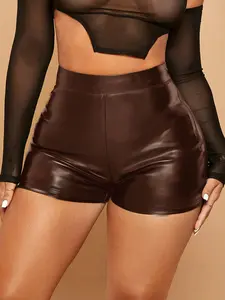 Women's High Waist Solid Color Shorts with Elastic Waist, Y2K Fashion Style Slim Fit PU Faux Leather Pants Womenswear for Casual Spring & Fall Wear
