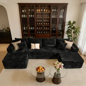 OOSWIFT Modular Sectional Sofa Couch with U-Shape Chaise Ottomans, Comfy Plush Corduroy Cloud Couches, Modern Deep Seat Sofas Set for Living Room, 6-Seater, Black