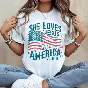 Women's Independence Day Patriotic T-shirt, Christian Shirt, 4th Of July Shirt, She Loves Jesus And America Too Shirt, America Retro Shirt, Usa Shirt, USA Flag Tee for Women Cotton Menswear Crew Neck Graphic Top Womenswear Streetwear Tshirt