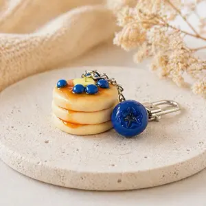 Handmade Polymer Clay Pancake Stack Charm | Blueberry Syrup Foodie Keychain