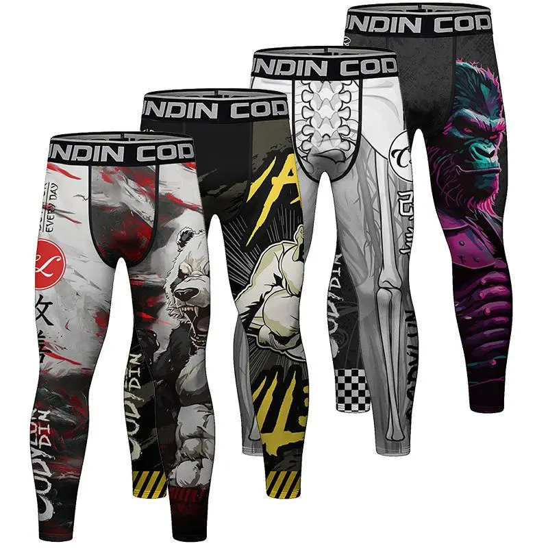 Male Compression Fitness Tights - Quick-Drying Polyester Fabric, Athletic Fit, Flatlock Stitching, Sublimated Graphics, Elastic Waistband, Drawstring Waist, Never Crack or Peel, Ideal for Martial Arts, Workout