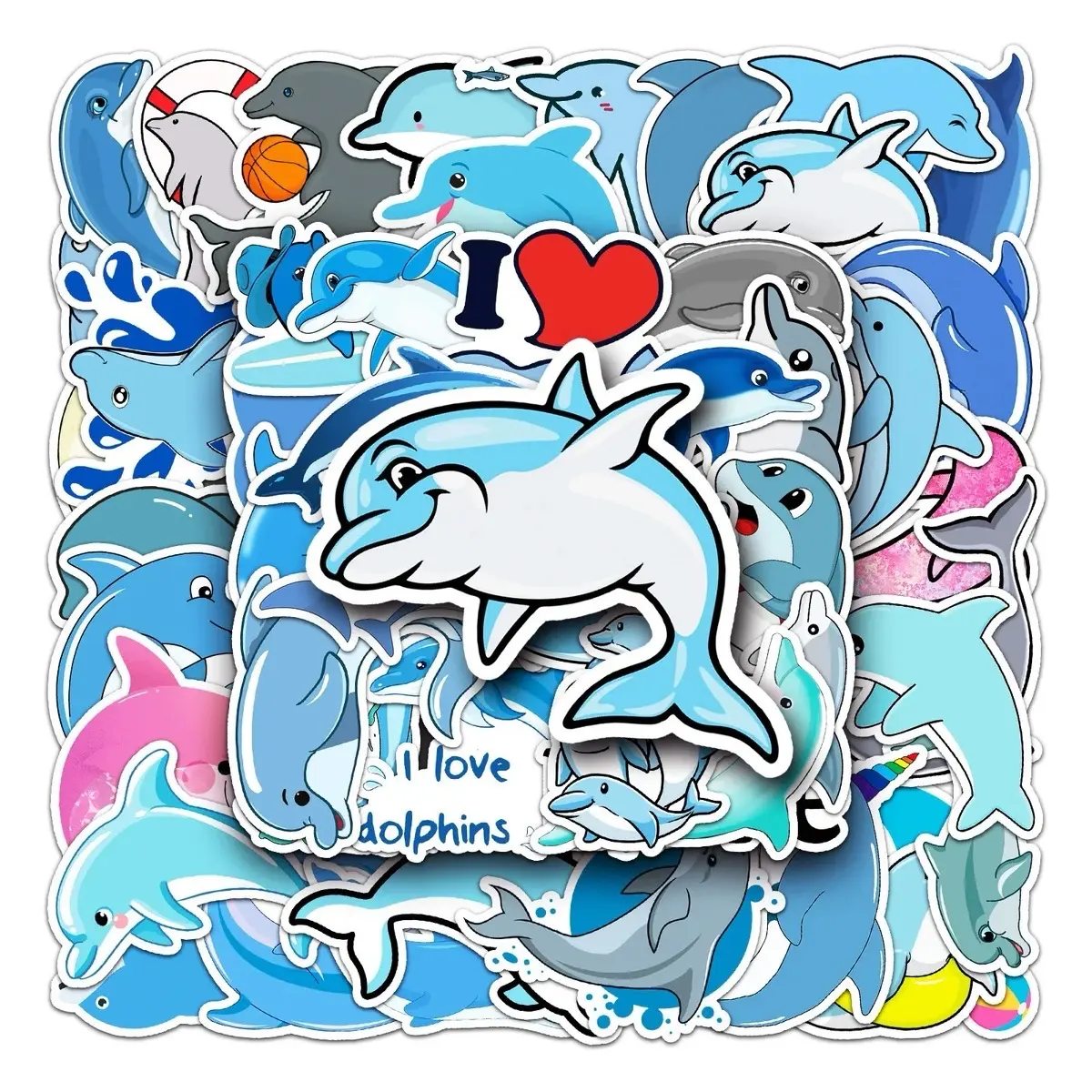 50 pack of Dolphin Sea and Ocean Animal Stickers. Waterproof, No Duplicates