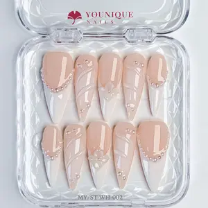 Younique Nails 2025 Wedding White Press-On Nails Collection 10PCS Handmade Reusable Glossy 3D Floral Rhinestone XL AL MC 095 Acrylic Long Lasting Office Wear