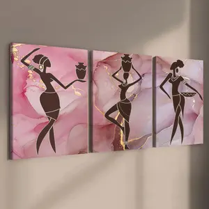 3-count wooden frame canvas, light luxury pink-toned abstract marble pattern exotic dance theme poster, African dancer silhouette art, fashion poster, exquisite living room and bedroom decoration, modern family poster, corridor wall art, waterproof, art