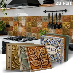 12/24PCS/Box ART Vintage Embossed Plant Leaf Pattern Tile Stickers Gift Set | PE Crystal Film Waterproof Oil-Proof | For Kitchen/Bathroom/Floor/Ceiling/Tiles/Wooden Board Home Decor