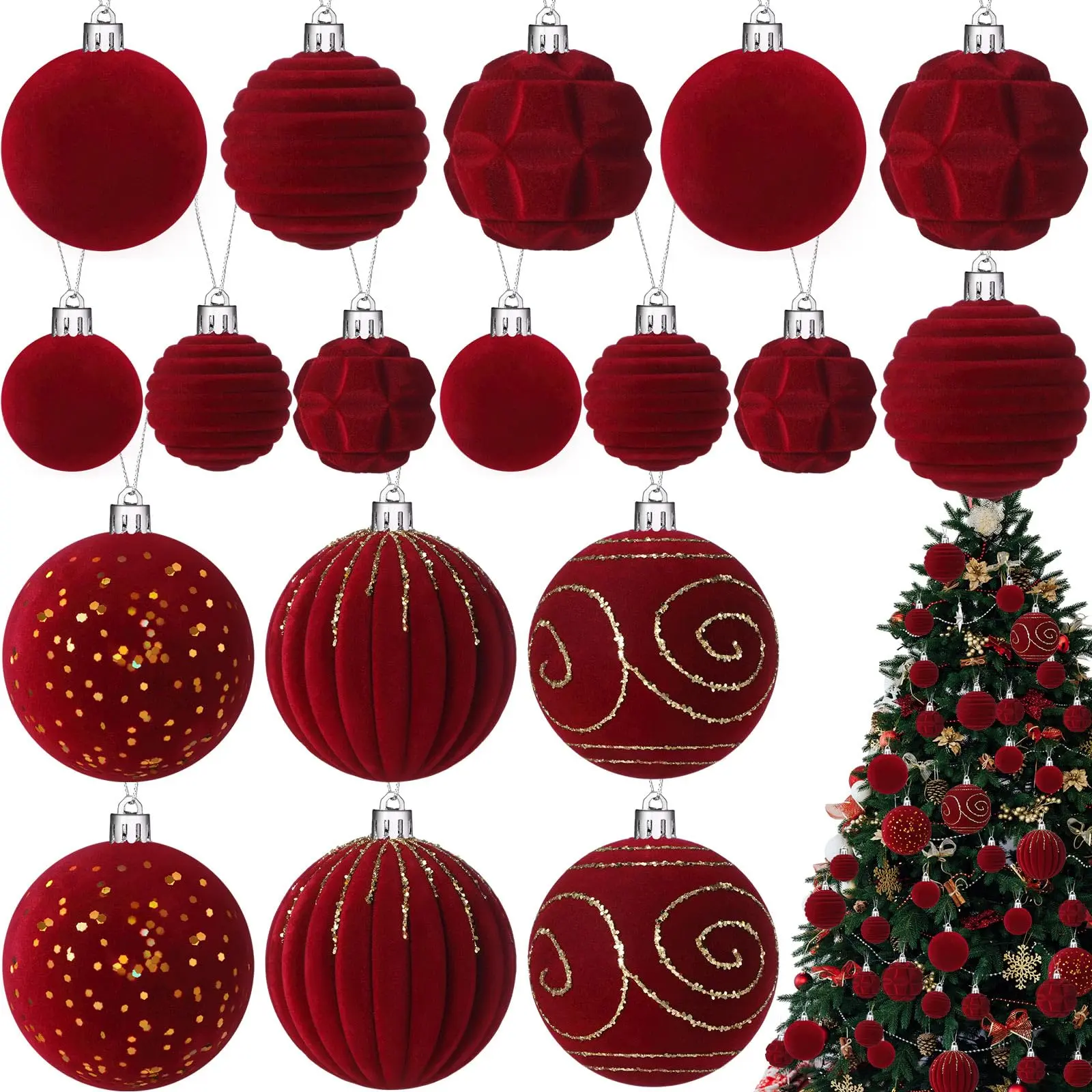 Large Velvet Flocked Shatterproof Frosted Christmas Ball Ornaments, Cute Festive Decorations, Festive Hanging Ornaments for Holiday Decorating Home Tree Party, Frosted Christmas Tree Hanging Ornaments