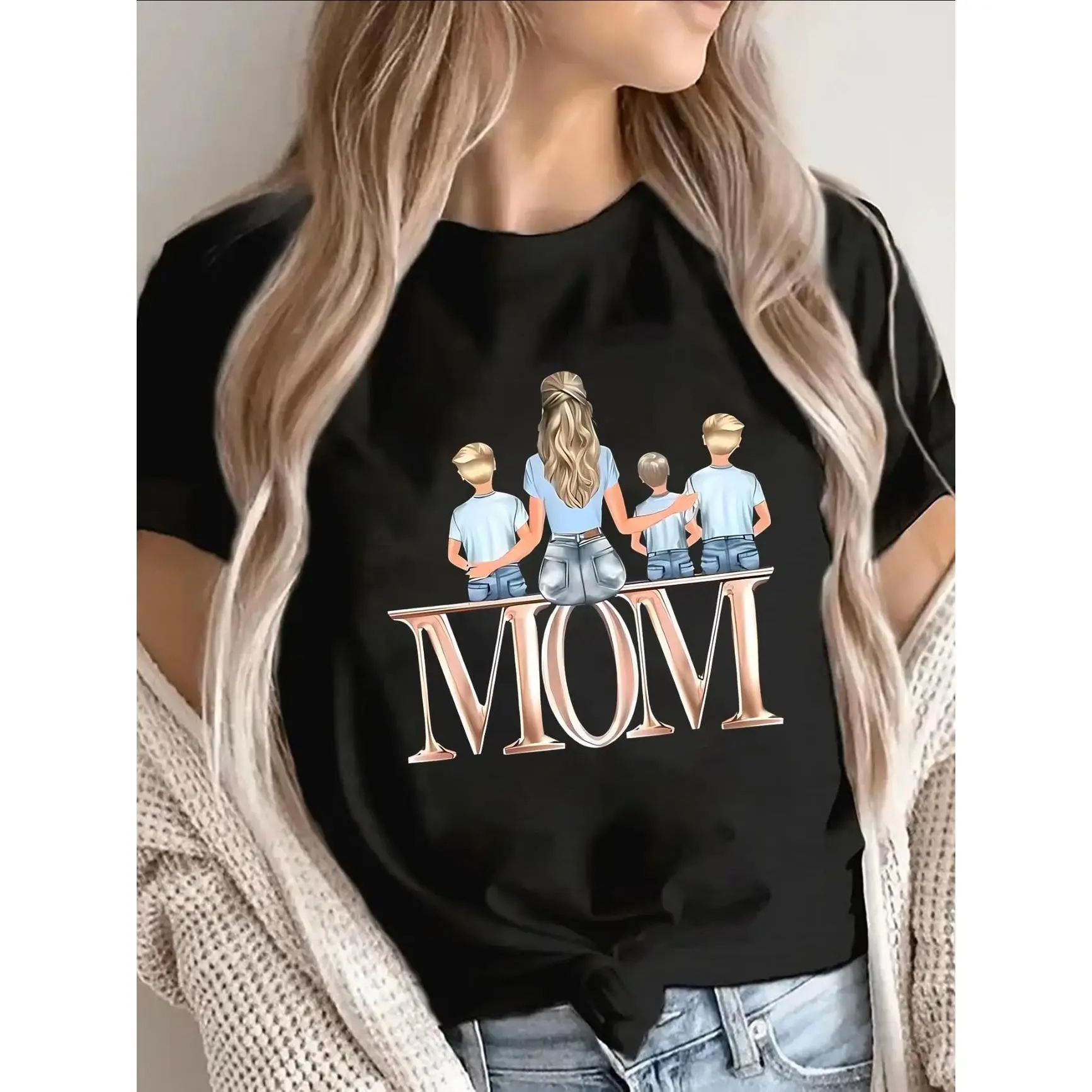 100% Premium Cotton graphic tees Lightweight Durable Short Sleeve T Shirt For Mothers Featuring Family Graphic Design Perfect For Casual Wear At Home Or Outings Providing Comfortable Daily Fit
