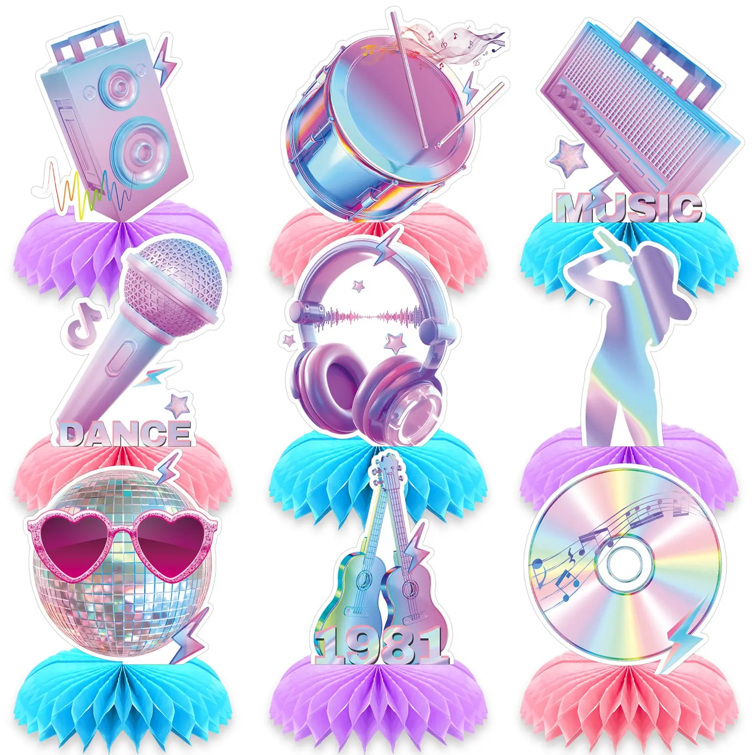 9pcs Music Lover Birthday Party Decorations Honeycomb Centerpieces Table Decorations for Music Themed Party Supplies, Pop Singer Theme Table Decor, Fans Celebration Supplies, Honeycomb Design, Birthday Set
