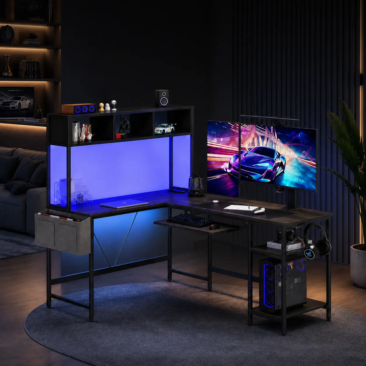 67" L Shaped Gaming Desk with LED Lights, Reversible Computer Desk with Keyboard Tray, Side Bag & Storage Shelves, Corner Table with Metal Frame, Customizable L-Shape or 94.5" Straight Workstation for Home Office, Gaming Room