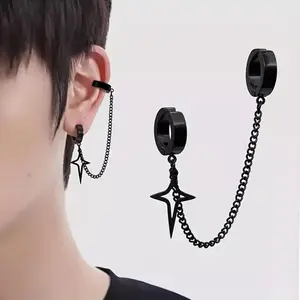 Unisex Heavy-Duty Hip Hop Studs Earrings - Non-Piercing Stainless Steel Ear Jewelry, Bold Statement Piece for Everyday & Party Wear