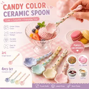 Cute Long Ceramic Spoon Set, Candy Color Glazed Cartoon Dessert Spoons, Irregular Handle Design, Fresh Dining Utensils, Ice Cream Yogurt Scoops, Dinnerware Utensils