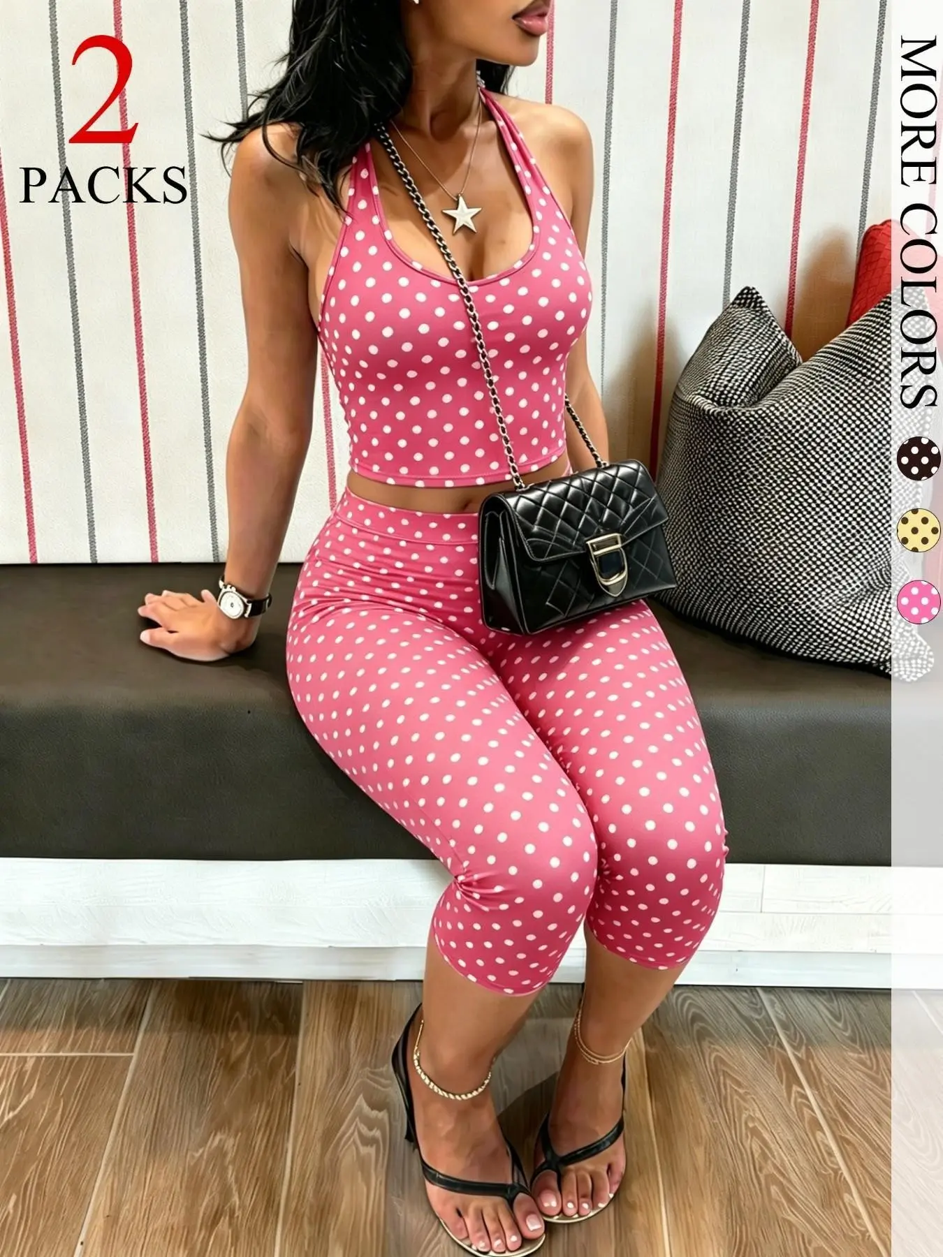 2-Pack Women's Polka Dot Halter Neck Top & Capri Pants Set, Slim Fit, Trendy Western Goth Streetwear, Summer, Perfect for Coachella & Daily Wear