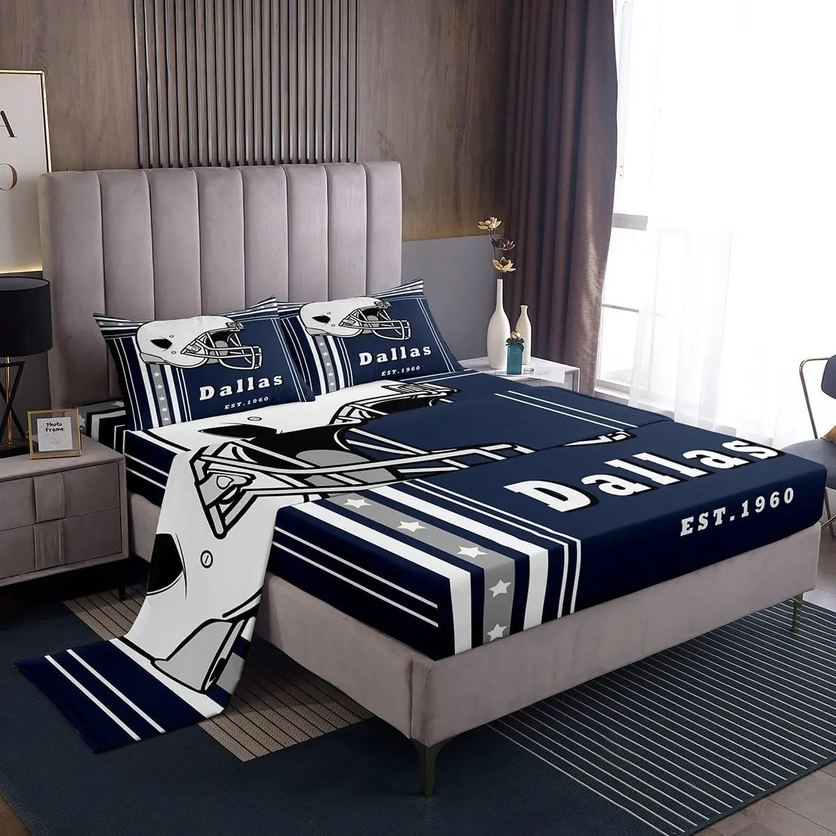 Feelyou Sports Theme Bedsheet Sets - Navy Blue Grey Striped Stars Decorative Soft Microfiber Bedding Set for Football Lovers, Includes Top Sheet and Fitted Sheet, Decorative Bedding Set