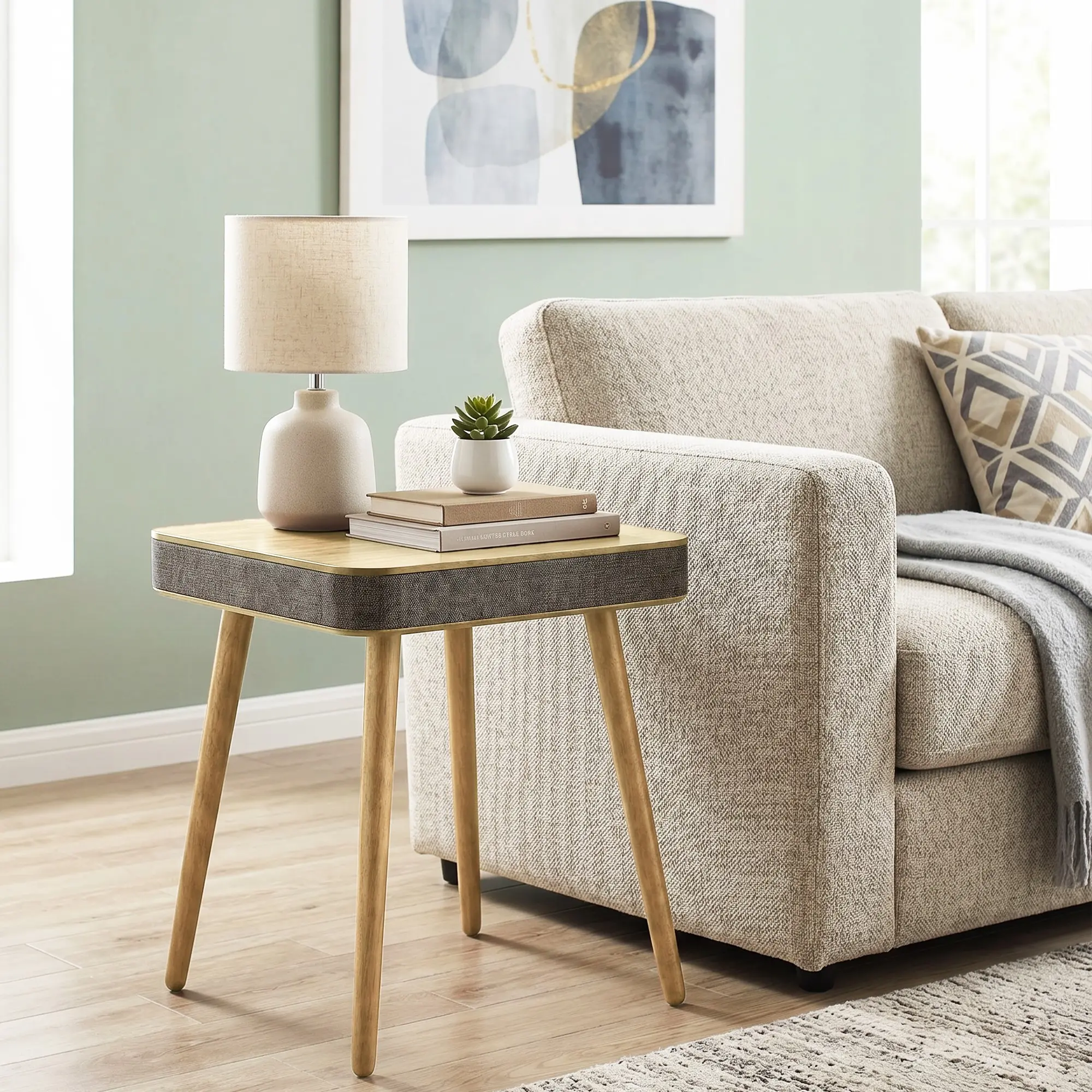 Nordic Smart Wooden Square End Table with Bluetooth Speaker & Wireless Charging Pad, Multifunctional Accent Side Table for Living Room Bedroom