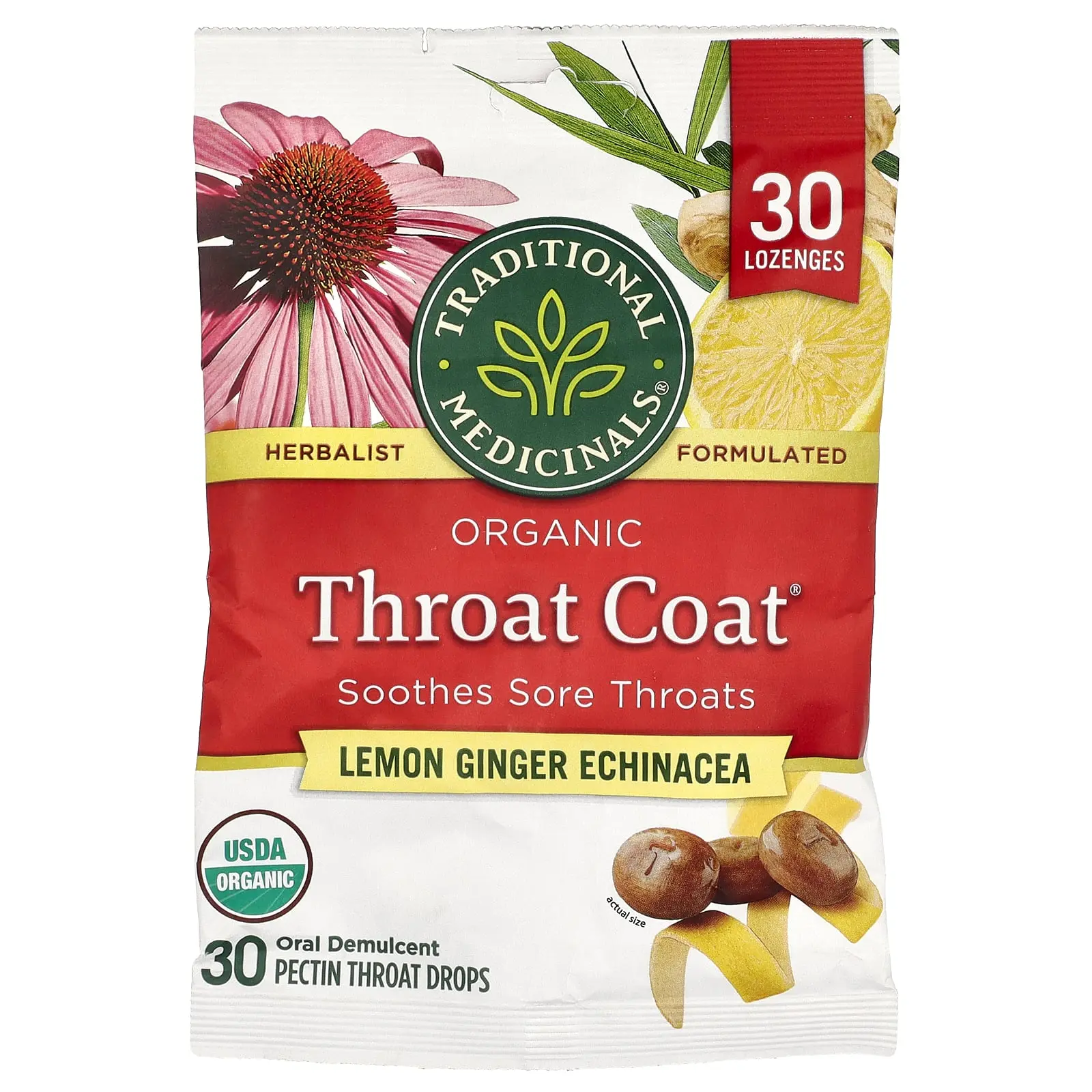 Traditional Medicinals Organic Throat Coat® Drops, Lemon Ginger Echinacea, 30 Pectin Throat Drops | HSA/FSA Eligible