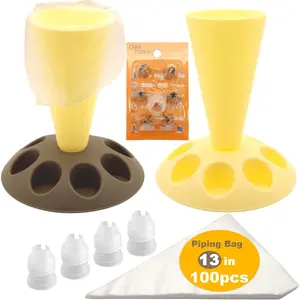 piping bag holder piping bag holder stand for filling icing bag holder pastry bag holder stand with 8 nozzle slots includes 100 pcs 13 in piping bags 6 icing nozzles 5 couplers