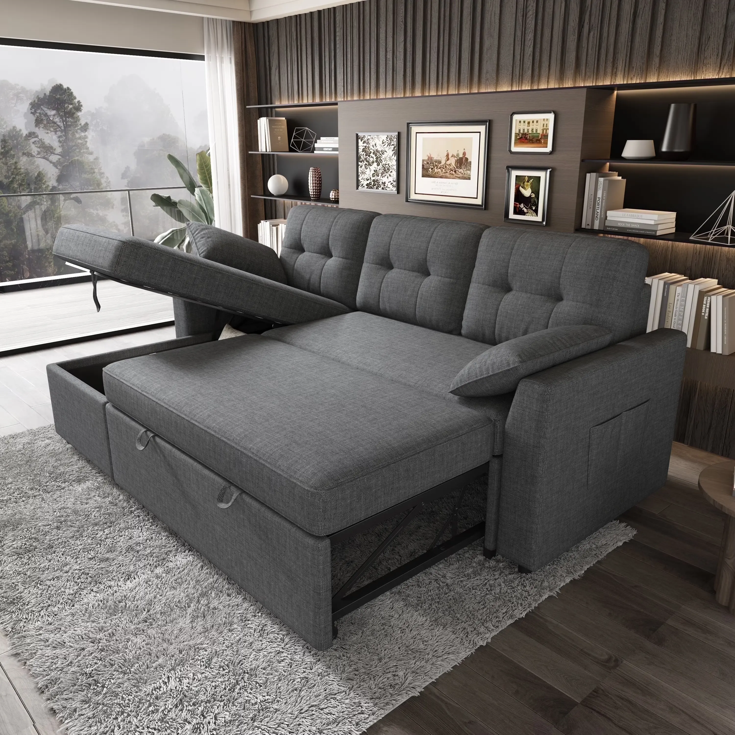 [Ships in Multiple Packages] [Summerwins] [SummerFinds] AMERLIFE Linen 84"/112" Sectional Sofa with Storage Chaise, Reversible Pull Out Couch Bed, L Shaped/ U Shaped Couch, Oversized Sleeper Sofa for Apartment, Living Room/Best Gift Ideas