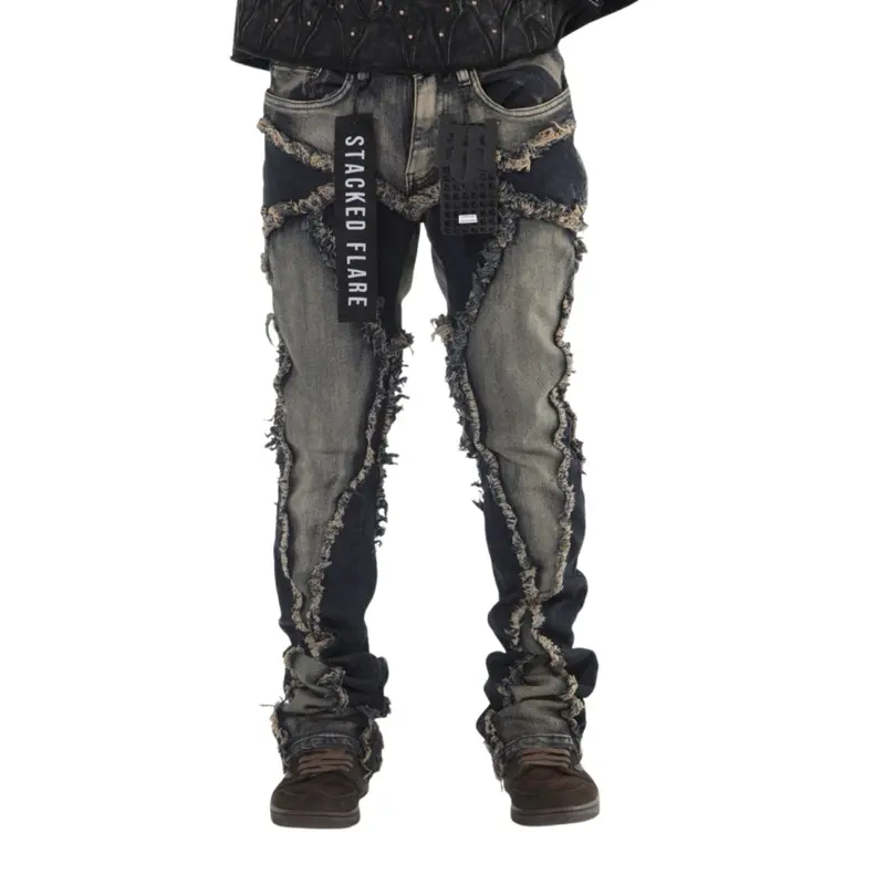 Stacked Flare Distressed Cargo Pants - Dark Blue Khaki , Stacked Fit, Streetwear , Plain Design, Suitable for All Seasons