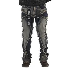 Stacked Flare Distressed Cargo Pants - Dark Blue Khaki , Stacked Fit, Streetwear , Plain Design, Suitable for All Seasons