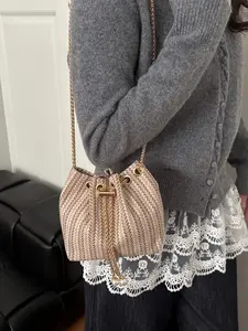 Mini Crossbody Bucket Bag, Fashionable Solid Color Hollow Out Woven Chain Drawstring, Perfect for Daily Use, Shopping, Travel