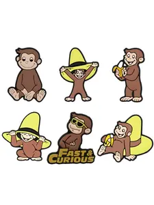 6pcs Cartoon Curious George PVC Shoe Charms, DIY Sandal Accessories Waterproof Detachable Shoe Decorations for Kids Party Gifts