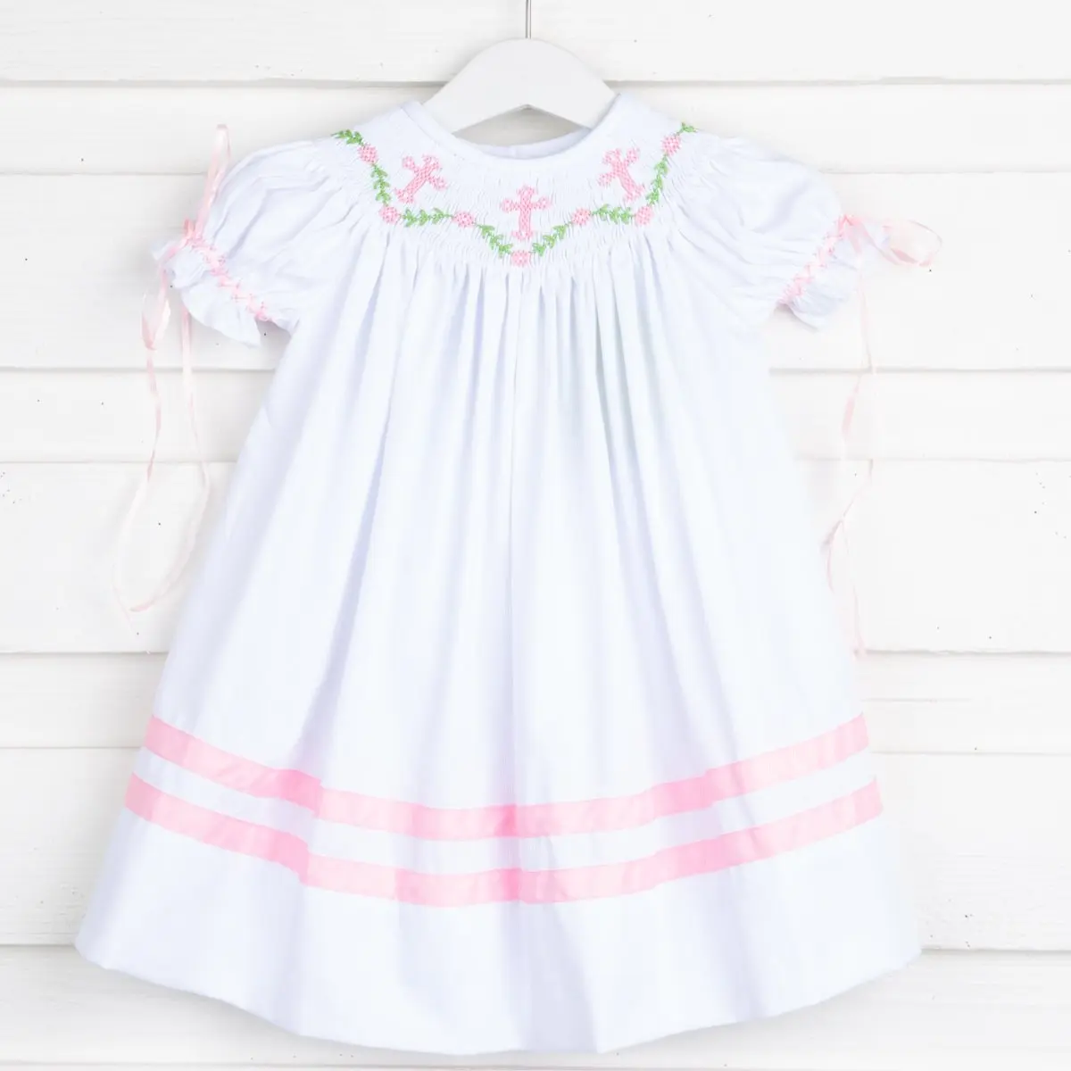 Cross and Vine Smocked White Dress for Girls - Perfect for Baptisms or Easter