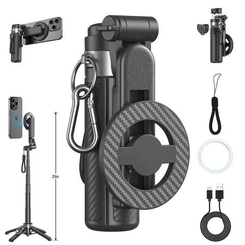2026 Edition 4-in-1 Magnetic Selfie Stick with Grip, 25in Upgraded Stable Mag Mount, Wireless Bluetooth Remote, 360° Rotation, Universal for Cellphone, Mobile, Smartphone, Tripod for iPhone, Adjustable Magnetic Tripod Stand Selfie Accessories for Vlogging
