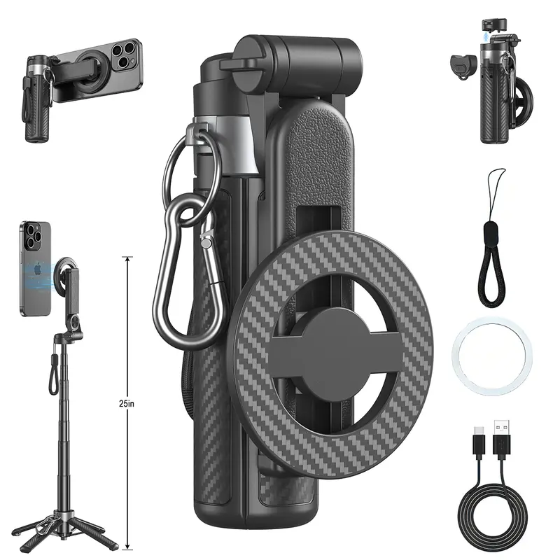 2026 Edition 4-in-1 Magnetic Selfie Stick with Grip, 25in Upgraded Stable Mag Mount, Wireless Bluetooth Remote, 360° Rotation, Universal for Cellphone, Mobile, Smartphone, Tripod for iPhone, Adjustable Magnetic Tripod Stand Selfie Accessories for Vlogging