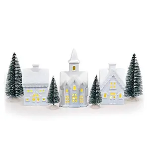 White Porcelain Christmas Village Figurines with Trees 7-Piece Set Unglazed Holiday Décor 5-Inch LED Lighted Lantern Ceramic Outdoor Decoration