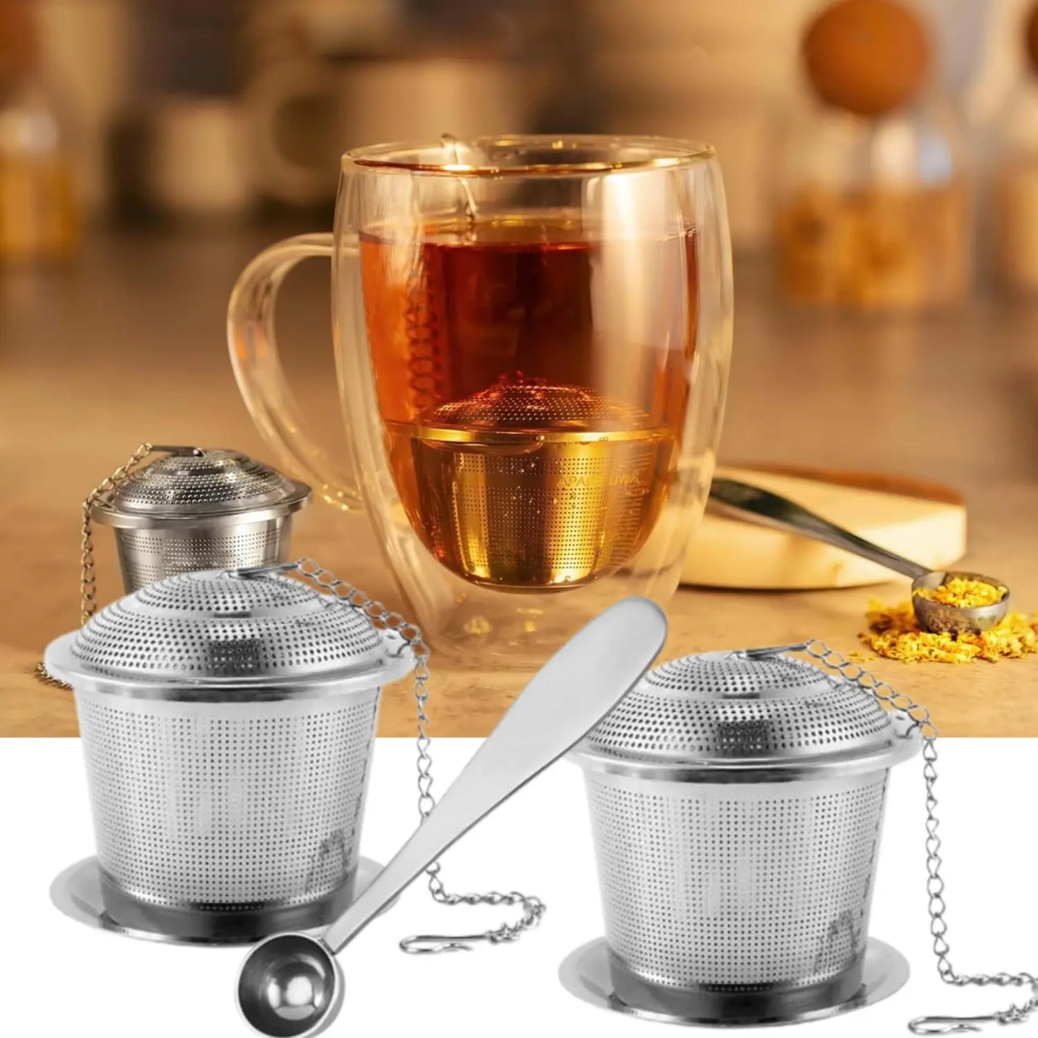2 Pack Tea Strainers for Loose Tea and 1 Tea Scoop, Extra Fine Mesh 18/8 Stainless Steel Tea Infuser, Loose Leaf Tea Steeper Tea Diffuser with Extended Chain Hook and Drip Tray (Small)