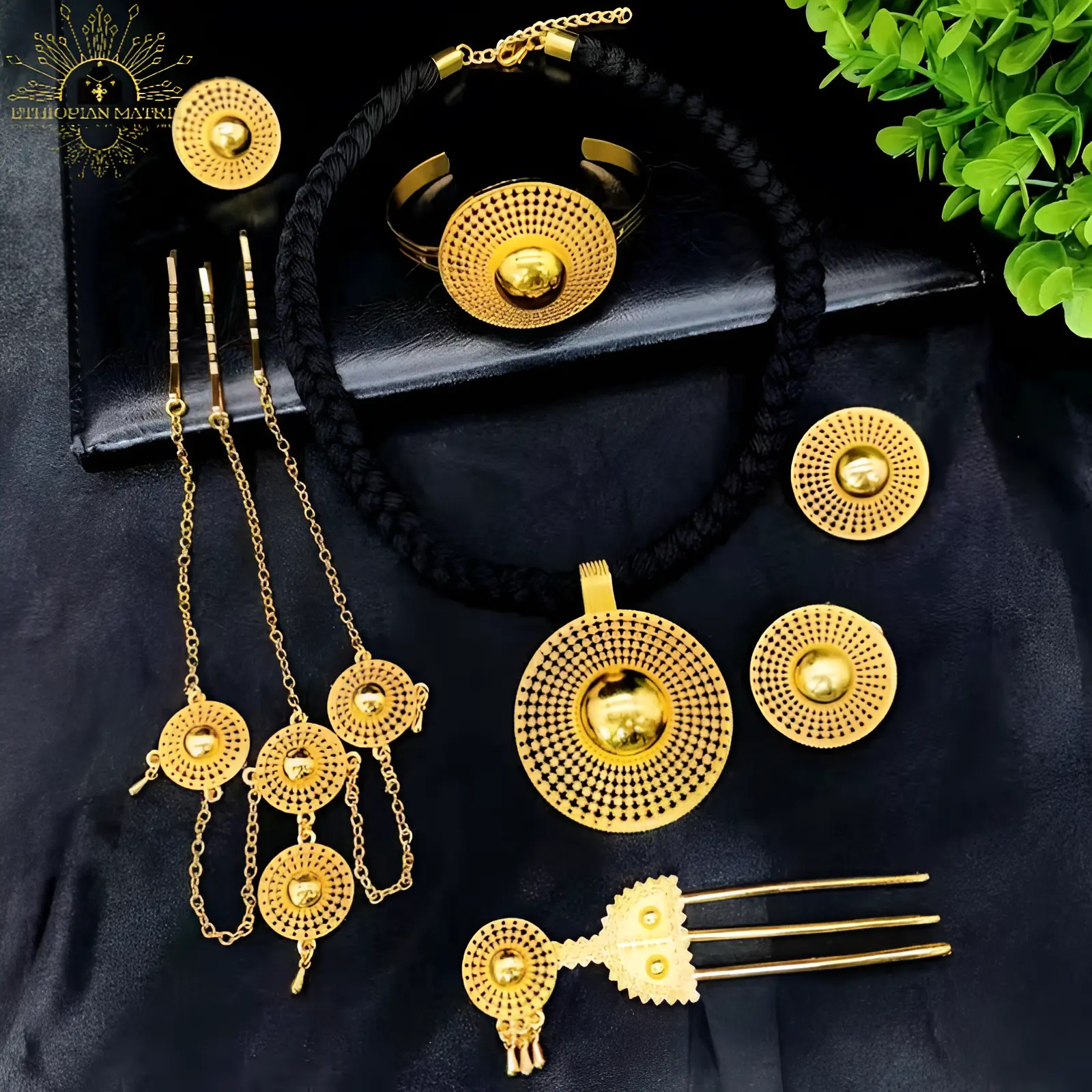 Ethiopian Bridal Jewelry Set 6pc – Sunburst Habesha Black Rope Chain Mateb Necklace, Eritrean Wedding Gold Set (24KGP) | 6 Piece African Jewelry Set