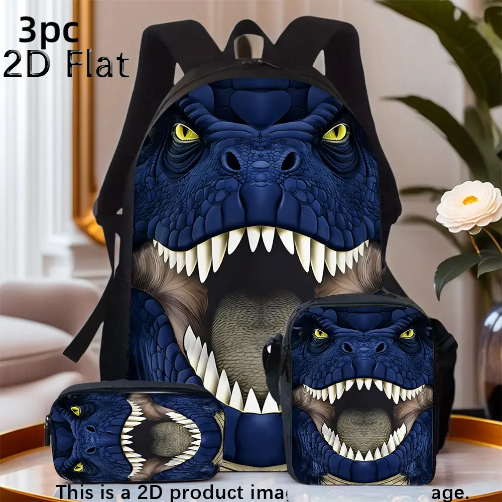 Blue T-Rex Dinosaur 3PCS Backpack Set, Durable 600D Oxford Cloth School Bag with Lunch Box & Pencil Case Combo, Adjustable Breathable Strap, Fits 15in Laptop for Kids Teens School Travel Outdoor