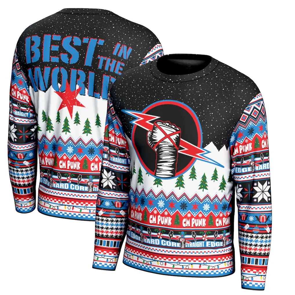 CM Punk Christmas Sweater – Best in the World Holiday Knit Pullover with Lightning Fist Design | Funny WWE Ugly Xmas Sweater