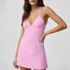 Women V-Neck Spaghetti Strap Tennis Dress, Flowy Athletic Mini Dress with Built-In Shorts for Golf & Everyday Wear