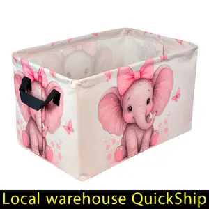 Large Pink Elephant Print Foldable Storage Basket - Thickened Oxford Cloth-like Laundry Hamper with Elephant & Heart Patterns, ' Organizer for Clothes,, Bathroom - Cute Room Gift Basket, Shelf Baskets, Hamper Heart, Laundry Baskets Wide, Collapsible