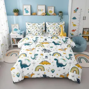 Cartoon Dinosaur 7 Pieces Bedding Set,Cute Rainbow Comforter Bed Set,Boys Girls Kids Ancient Wildlife Dino Bed Bag with Flat and Fitted Sheet Star Bed Set