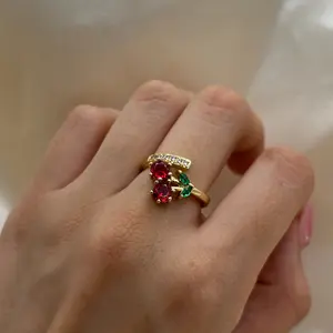 14K Gold Plated Cherry Rings for Women Adjustable Sizing Cute Cherry Design with Red and Green Gemstones