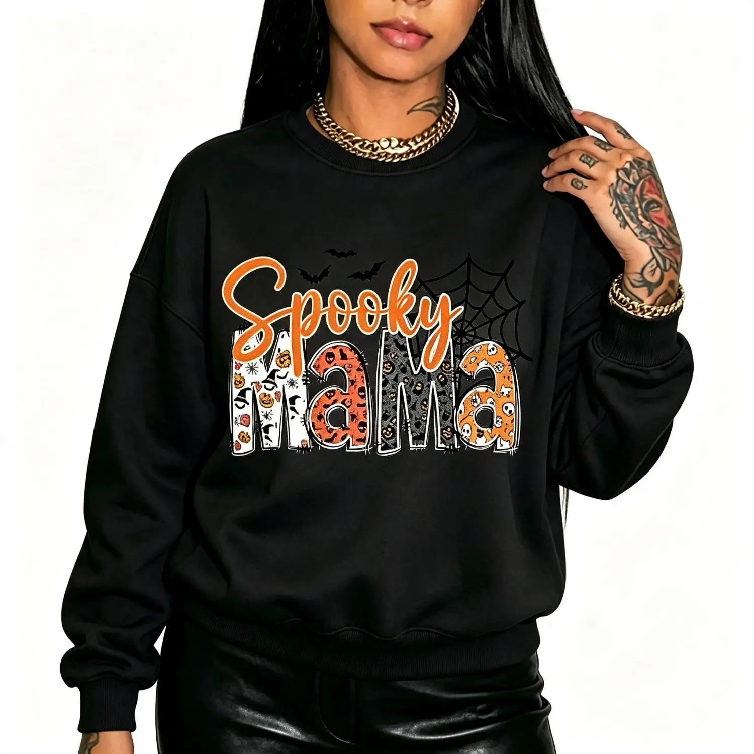 Halloween Spooky Crew neck Sweatshirt Personalized Name on Sleeve Matching Family Pullover Gift for Moms Adults Cozy Vintage Style